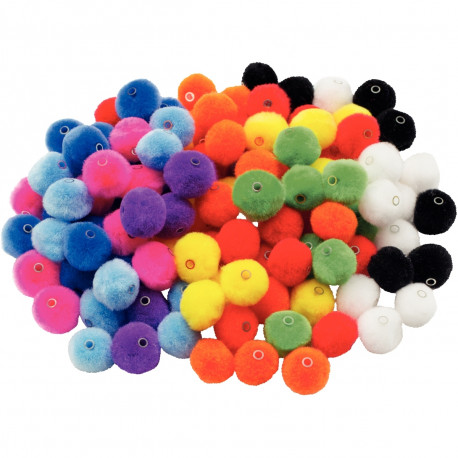 SACHET DE 150 POMPONS A TROU DIAMÈTRE 20MM, 11 COLORIS ASSORTIS