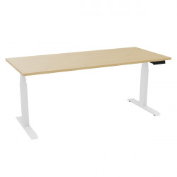 BUREAU REGLABLE ELECTRIQUE ASSIS DEBOUT LADE L180XP80 CM PLAT CHENE NATUREL PIED BLANC HAUTEUR DE 65A130CM EP25MM NON FEU M3 PEF