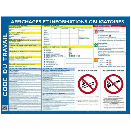 AFFICHE INFORMATIONS OBLIGATOIRES CODE DU TRAVAIL 45X60CM EFACABLE A SEC + MARQUEUR +PUNAISES 