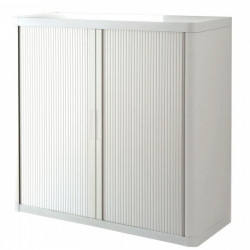 Armoire à rideaux 2 tablettes corps blanc / rideaux blanc. Dimensions extérieures: H104cm x L110cm x P41.5cm