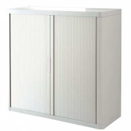 Armoire à rideaux 2 tablettes corps blanc / rideaux blanc. Dimensions extérieures: H104cm x L110cm x P41.5cm