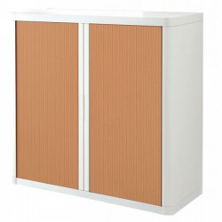 Armoire à rideaux 2 tablettes corps blanc / rideaux hetre. Dimensions extérieures: H104cm x L110cm x P41.5cm