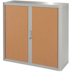 Armoire à rideaux 2 tablettes corps gris / rideaux hetre. Dimensions extérieures: H104cm x L110cm x P41.5cm