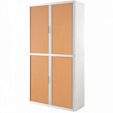 Armoire à rideaux 4 tablettes corps blanc / rideaux hetre. Dimensions extérieures: H204cm x L110cm x P41.5cm