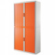 Armoire à rideaux 4 tablettes corps blanc / rideaux orange. Dimensions extérieures: H204cm x L110cm x P41.5cm