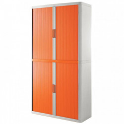 Armoire à rideaux 4 tablettes corps blanc / rideaux orange. Dimensions extérieures: H204cm x L110cm x P41.5cm