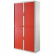 Armoire à rideaux 4 tablettes corps blanc / rideaux rouge. Dimensions extérieures: H204cm x L110cm x P41.5cm