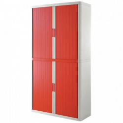 Armoire à rideaux 4 tablettes corps blanc / rideaux rouge. Dimensions extérieures: H204cm x L110cm x P41.5cm