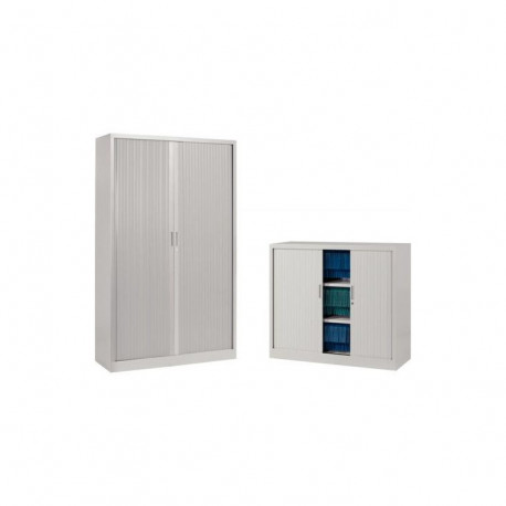 Armoire à rideaux monobloc basse H105cm corps alu/rideaux alu. Equipée de 2 tablettes + 1 jeu de rails sous le plateau supérieur