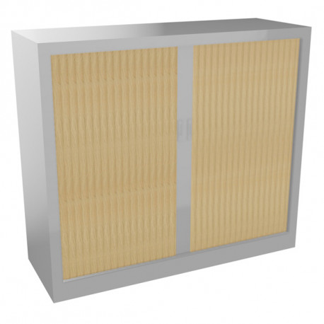 Armoire à rideaux monobloc basse H105cm corps alu/rideaux chêne naturel. Equipée de 2 tablettes + 1 jeu de rails sous le plateau