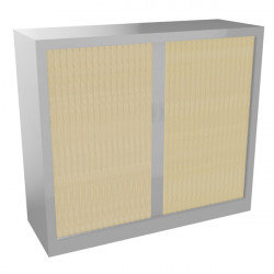 Armoire à rideaux monobloc basse H105cm corps alu/rideaux pin maritime. Equipée de 2 tablettes + 1 jeu de rails sous le plateau 