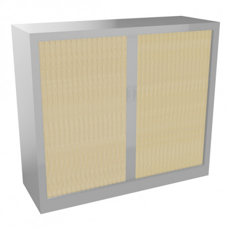 Armoire à rideaux monobloc basse H105cm corps alu/rideaux pin maritime. Equipée de 2 tablettes + 1 jeu de rails sous le plateau 