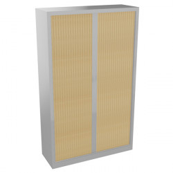 Armoire à rideaux monobloc haute H198cm corps alu/rideaux chêne naturel. Equipée de 4 tablettes + 1 jeu de rails sous le plateau