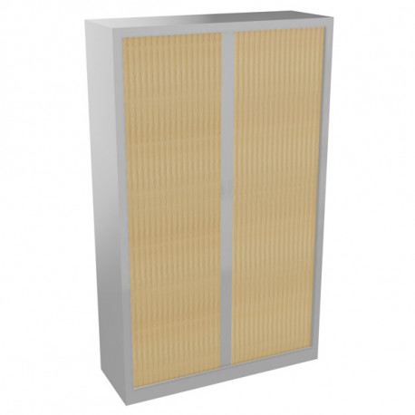 Armoire à rideaux monobloc haute H198cm corps alu/rideaux chêne naturel. Equipée de 4 tablettes + 1 jeu de rails sous le plateau