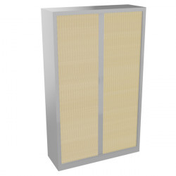 Armoire à rideaux monobloc haute H198cm corps alu/rideaux pin maritime. Equipée de 4 tablettes + 1 jeu de rails sous le plateau 