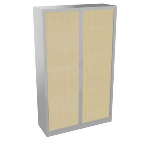 Armoire à rideaux monobloc haute H198cm corps alu/rideaux pin maritime. Equipée de 4 tablettes + 1 jeu de rails sous le plateau 