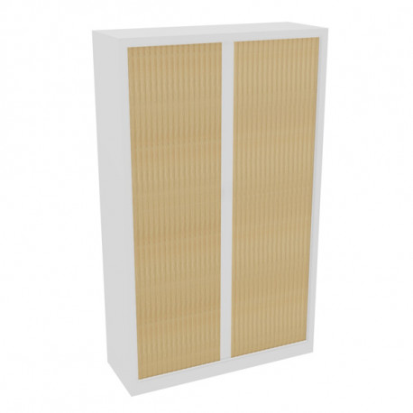 Armoire à rideaux monobloc haute H198cm corps blanc/rideaux chêne naturel. Equipée de 4 tablettes + 1 jeu de rails sous le plate