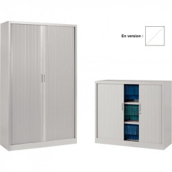 Armoire à rideaux monobloc haute H198cm corps blanc/rideaux blanc. Equipée de 4 tablettes + 1 jeu de rails sous le plateau supér