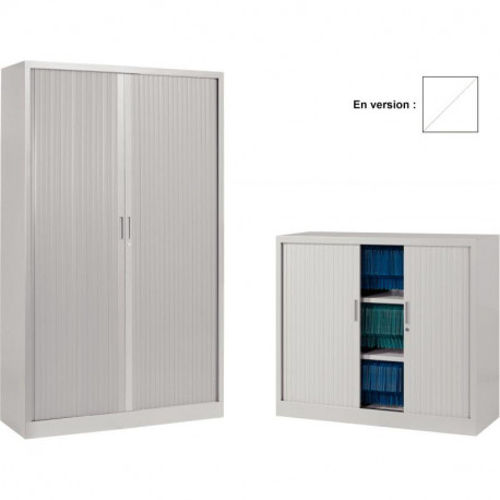 Armoire à rideaux monobloc haute H198cm corps blanc/rideaux blanc. Equipée de 4 tablettes + 1 jeu de rails sous le plateau supér