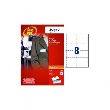 BADGES EPINGLES FT 60X90 + 10 INSERTS   PQT100   AVERY 4831