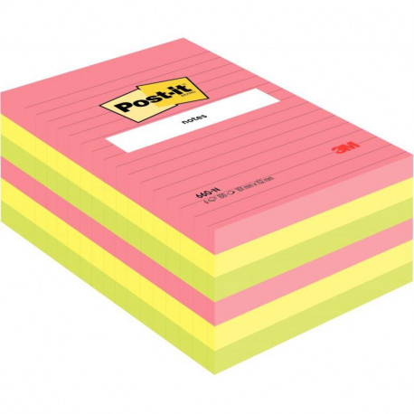 BLOC REPOSITIONNABLE 102X152 LIGNES NEONS  **PQT6* 100F POST-IT  COULEURS NÉON ASSORTIES POST IT PEFC 