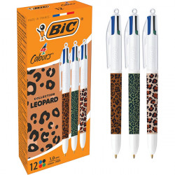 BOÎTE DE 12 STYLOS BILLE 4 COULEURS LÉOPARD ASSORTIS