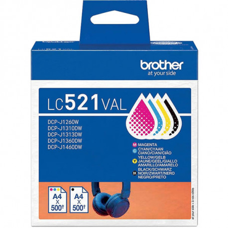 BROTHER CASQUE LOT DE 4 CARTOUCHES D'ENCRE NOIR, CYAN, MAGENTA, JAUNE AUTHENTIQUE LC521VAL
