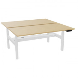 Bureau partagé Slade L160xP80cm plateau chêne naturel/piètement blanc. Profondeur totale 166,5cm. Réglable en hauteur électrique