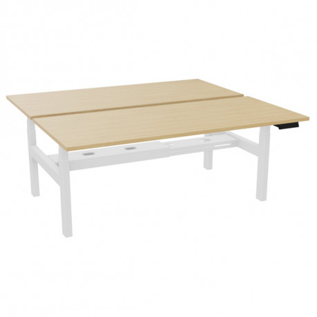 Bureau partagé Slade L180xP80cm plateau chêne naturel/piètement blanc. Profondeur totale 166,5cm. Réglable en hauteur électrique