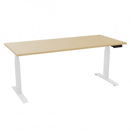 BUREAU REGLABLE ELECTRIQUE ASSIS DEBOUT LADE L180XP80 CM PLAT CHENE NATUREL PIED BLANC HAUTEUR DE 65A130CM EP25MM NON FEU M3 PEF