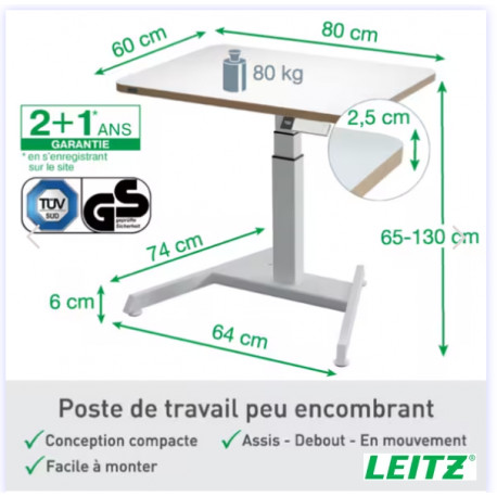 BUREAU REGLABLE ELECTRIQUE DE 65 A 130 CM 80X60CM EP25MM 4 MEMOIRES 1USB ASSIS/DEBOUT ERGO GRIS CLAIR LEITZ RECYCLABLE FSC ROULE