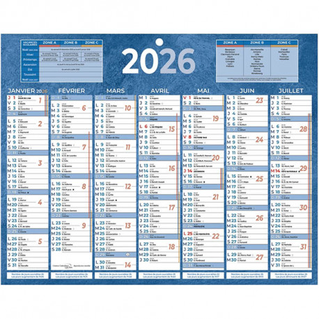 CALENDRIER SEMESTRIEL 21X26,5CM BLEU 7 MOIS PAR FACE