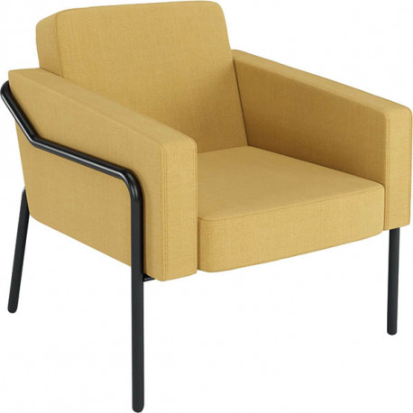 Canapé Medso 1 place jaune. Structure : tube acier Ø 25 mm, finition époxy noir mat. Garniture assise et dossier : mousse polyur