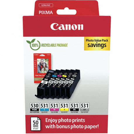 CANON 530/531 LOT 6 CARTOUCHES ENCRE NOIR PHOTO, NOIR, CYAN, MAGENTA, JAUNE ET GRISE AUTHENTIQUE