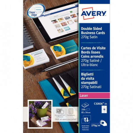 CARTES DE VISITE 85X54 AVERY C32026 270G BTE 250 QUICK & CLEAN LASER BORDS LISSES