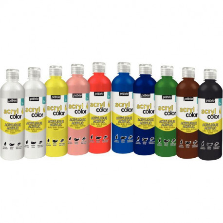 CARTON 10 FLACONS 500 ML DE PEINTURE ACRYLIQUE BRILLANTE ACRYLCOLOR COULEURS STA