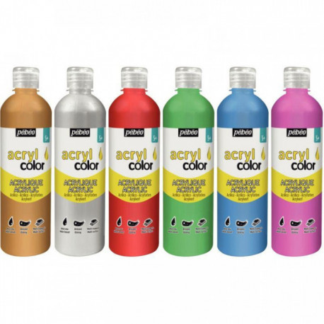 CARTON DE 6 FLACONS 500 ML DE PEINTURE ACRYLCOLOR COULEURS MÉTALLIQUES ET NACRÉES ASSORTIES