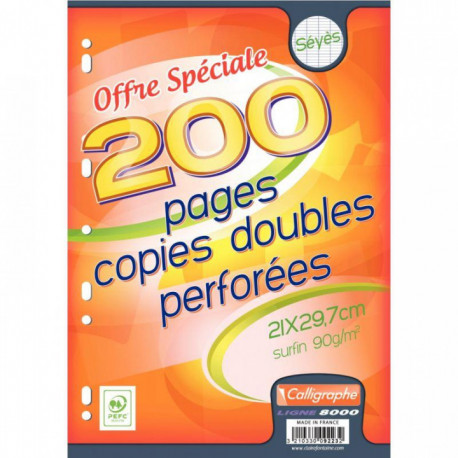 COPIES DOUBLES A4 Grands carreaux SEYES 90G BLANC -PQT 50 (200PAGES) 21X297 PERFOREES FAB France ECOLABEL  - PEFC - 100% recycla