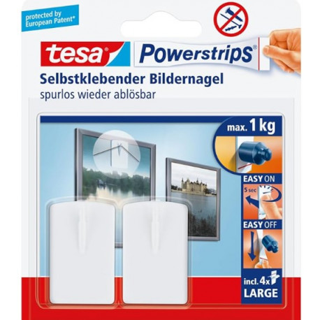 CROCHET ADHESIF X2 STRIP LARGE X4 TESA POWERSTRIPS P/CADRE, BLANC CHARGE MAX 1KG