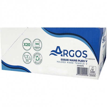 ESSUIE MAIN  PLIAGE V PQT DE 20X200F(3800F) 2 PLIS GAUFFRE CONTACT ALIMENTAIRE ECOLABEL ARGOS