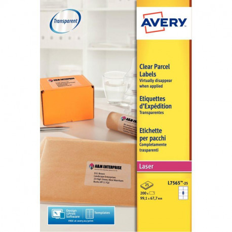  ÉTIQUETTES 99,1X67.7MM  BTE200 8P/FEUILLE TRANSPARENTES LASER AVERY L 7565-25