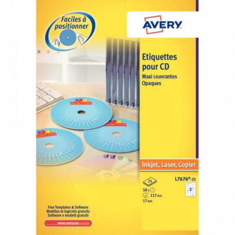 ETIQUETTES AFTERBURNER CD LASER+ AVERYL7676 BTE50 SUR FEUILLE A4 AVERY L7676-25