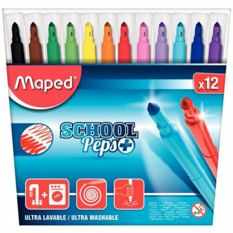  FEUTRE DE COLORIAGE  SCHOOL PEPS POCHETTE DE 12 MAPED  DE COLORIAGE POINTE MOYENNE  ULTRA LAVABLE 