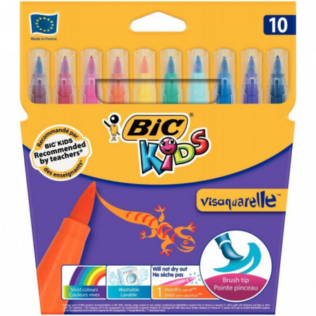 FEUTRE VISAQUARELLE POINTE PINCEAU COULEURS VIVES ASSORTIES PQT10 BIC KIDS
