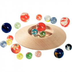 JEU DE 31 BILLES AVEC PLATEAU PIECE BOIS POUR LE TROU DIAM.12CM 1 SAC DE BILLES DIFFERENTES TAILLES ET COULEURS 