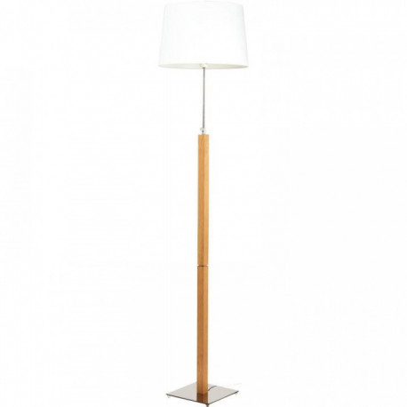 LAMPADAIRE QUATRO CHENE CLAIR H T 134,5 A 165 CM. Socle en métal chromé, mat en bois et abat-jour en chintz blanc Livrée sans am