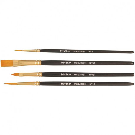 PINCEAUX DE MAQUILLAGE LOT DE 4 EN POILS SYNTHÉTIQUES ROND N4 ET 14 PLAT 12 ET LANGUE DE CHAT 12 QUALITE PROFESSIONNELLE