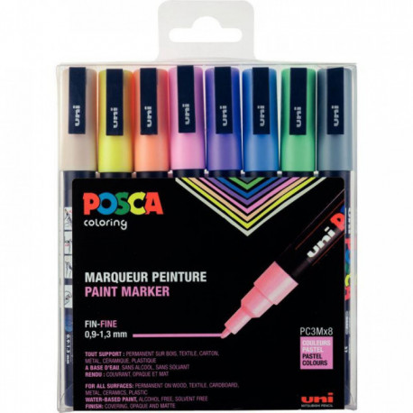  MARQUEUR POSCA PC3MX8  POINTE FINE OGIVE PASTEL POCHETTE DE 8