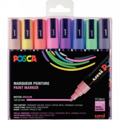 MARQUEUR POSCA PC5MX8 POINTE MOYENNE OGIVE PASTEL POCHETTE DE 8