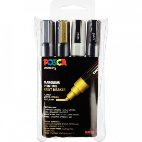 MARQUEUR POSCA POINTE MOYENNE CONIQUE 1,8-2,5 MM ASSORTIS(OR/ARGENT/BLANC/NOIR) PC5MX4 PQT4